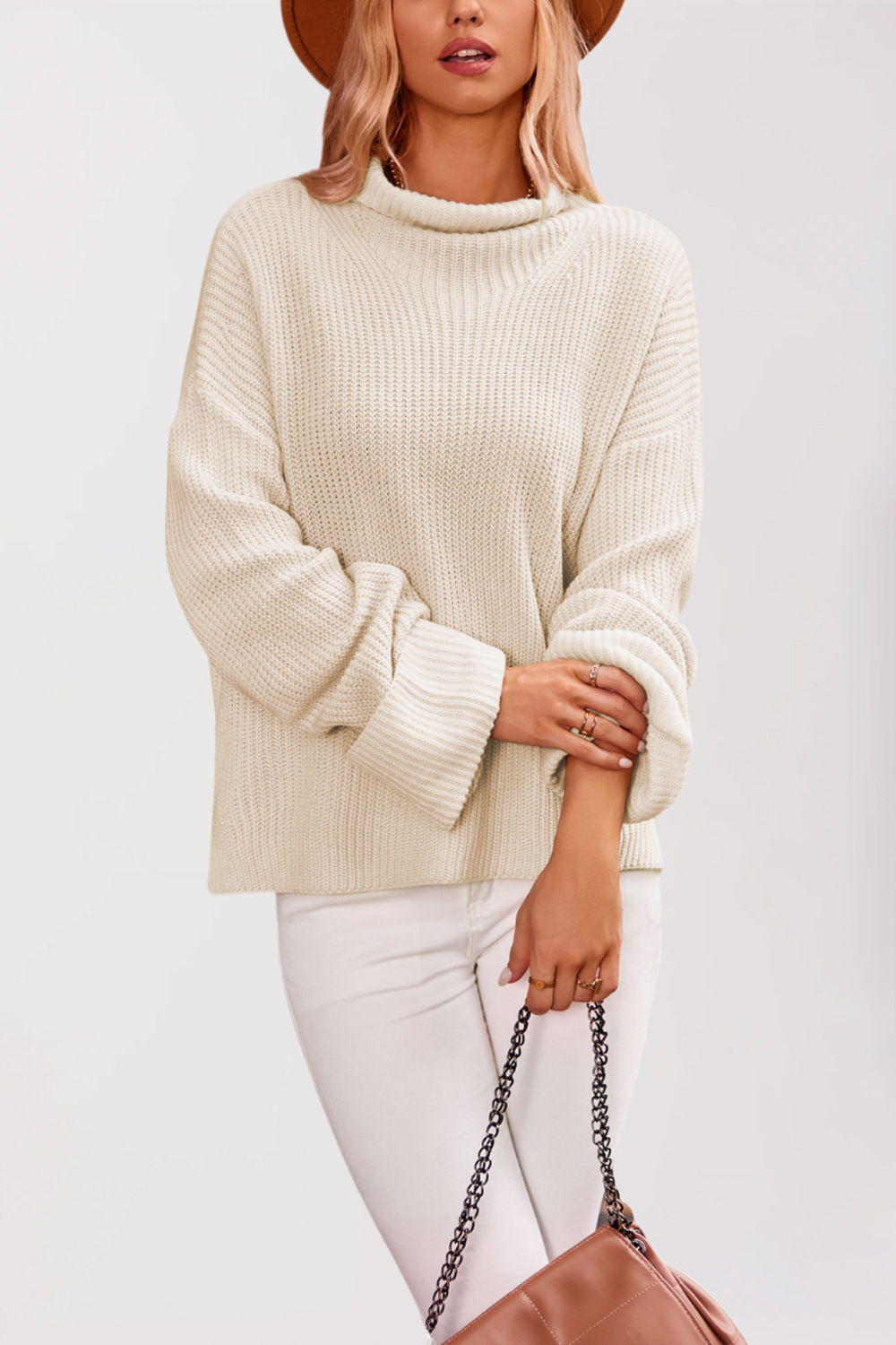 Women's Turtleneck Knit Sweater with Split Hem and Bell Sleeves