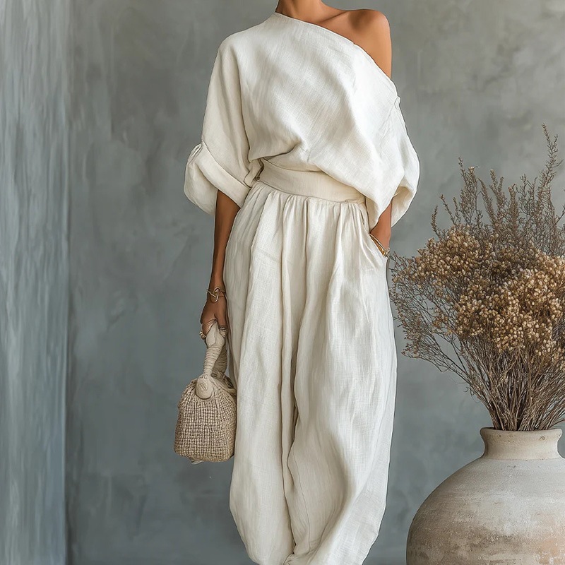 Women's Solid Color Off-Shoulder Two-Piece Set with Loose Fit
