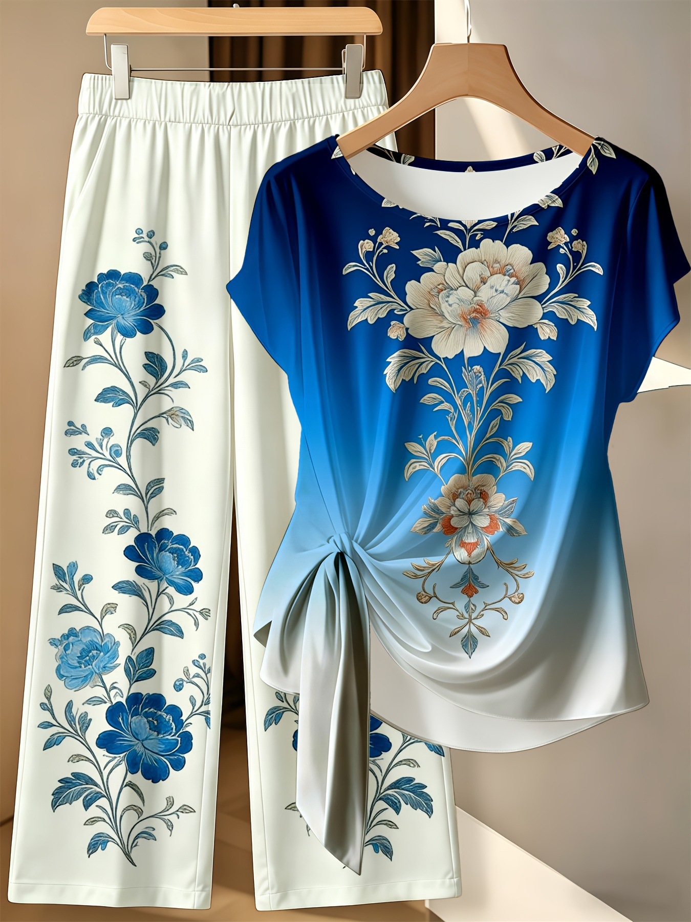 Floral Print Short Sleeve Top and Pants Set