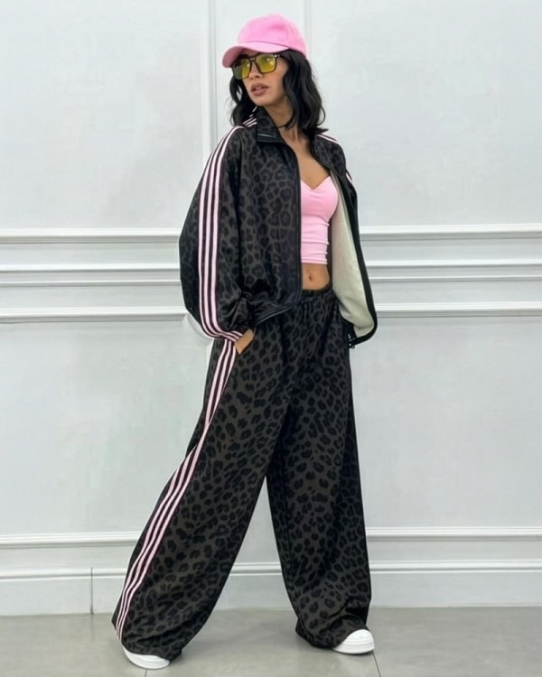 Leopard Print Striped Track Jacket and Pants Set