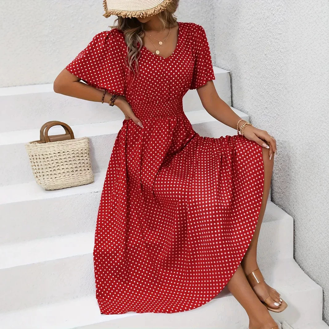 V-Neck Polka Dot Pullover Casual Dress