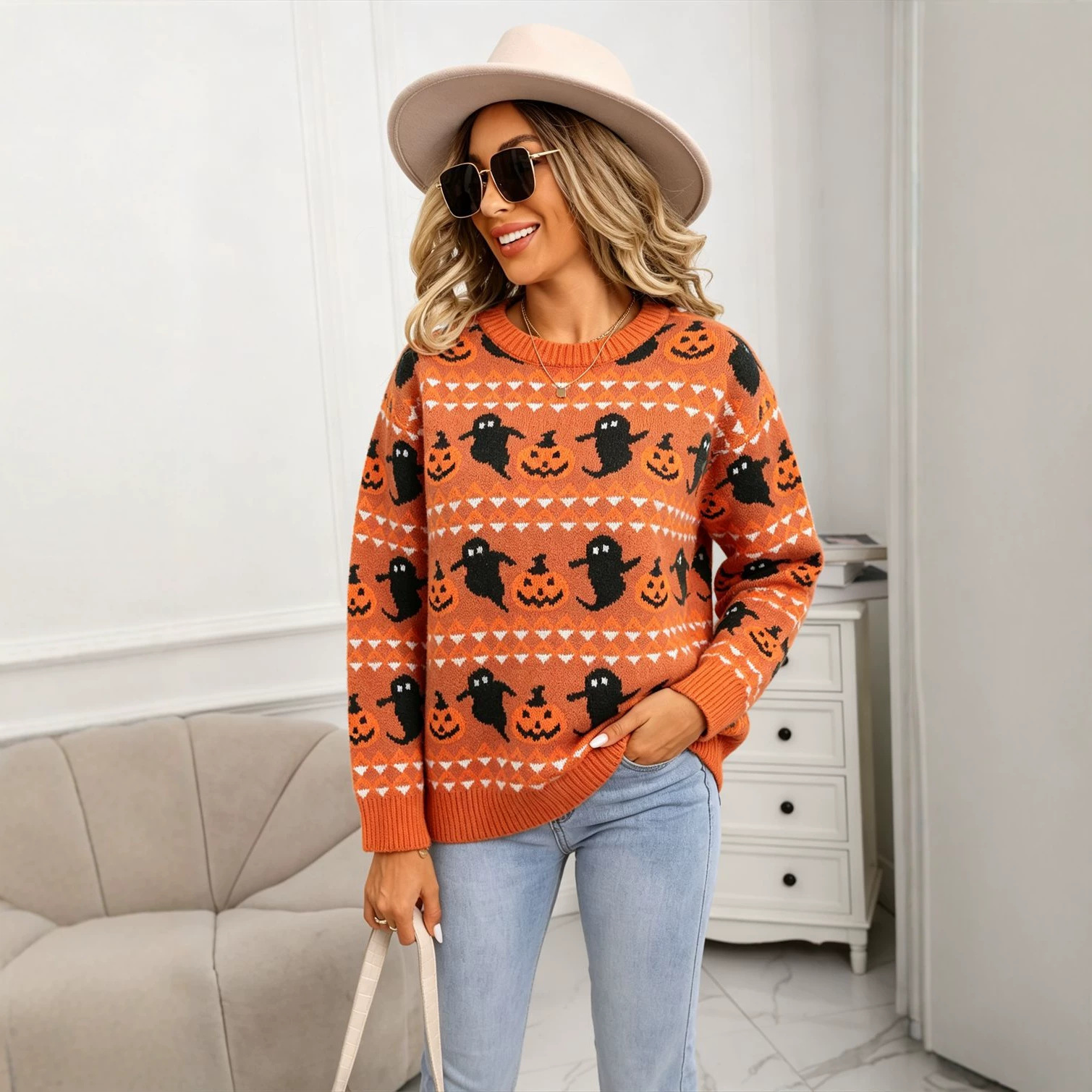 Halloween Ghost Pumpkin Crewneck Pullover Knit Sweater