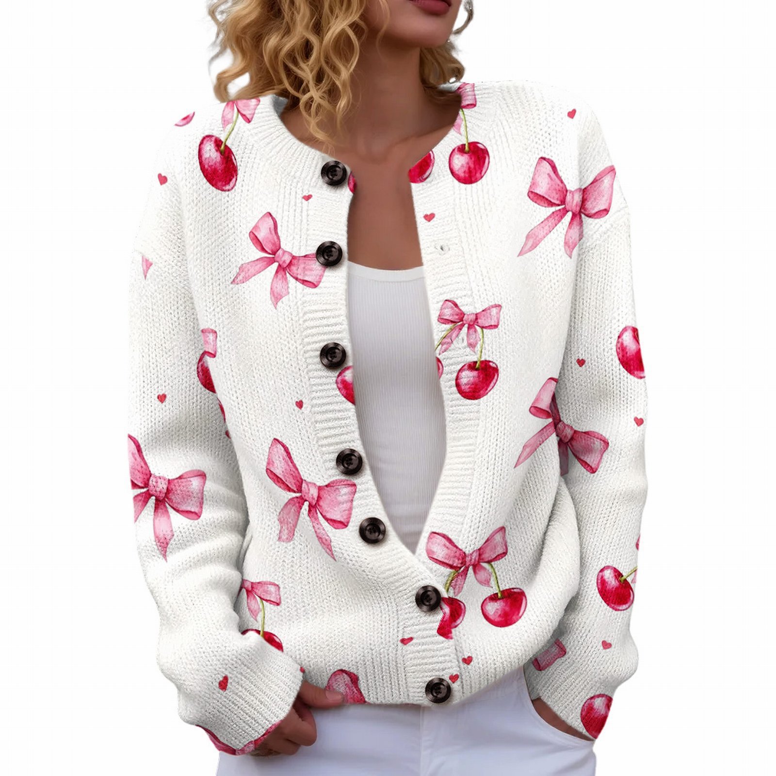 Women's Heart Ribbon Bow Cherry Print Cardigan