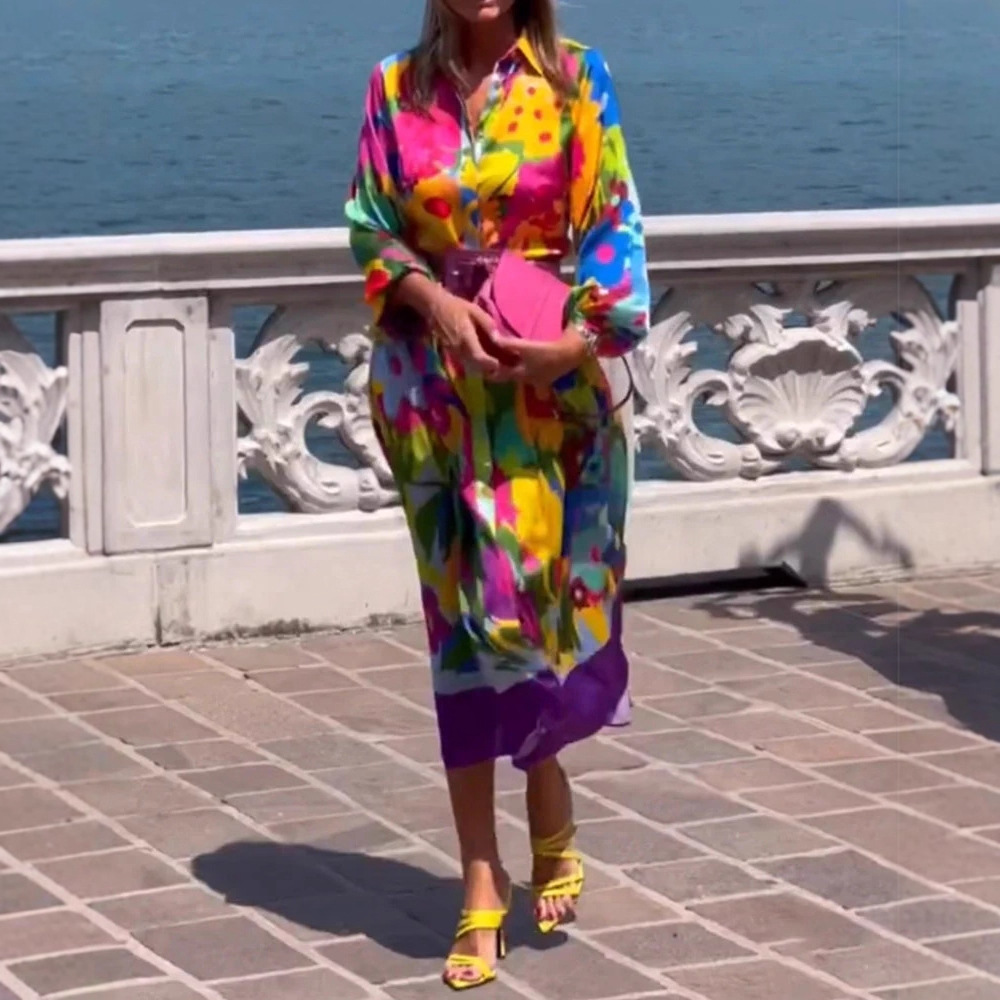 Elegant Floral Print Long Sleeve Shirt Dress