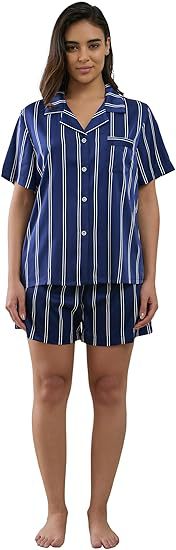 Women's Cuban Collar Satin Striped Print Short Sleeve Shirt Set
