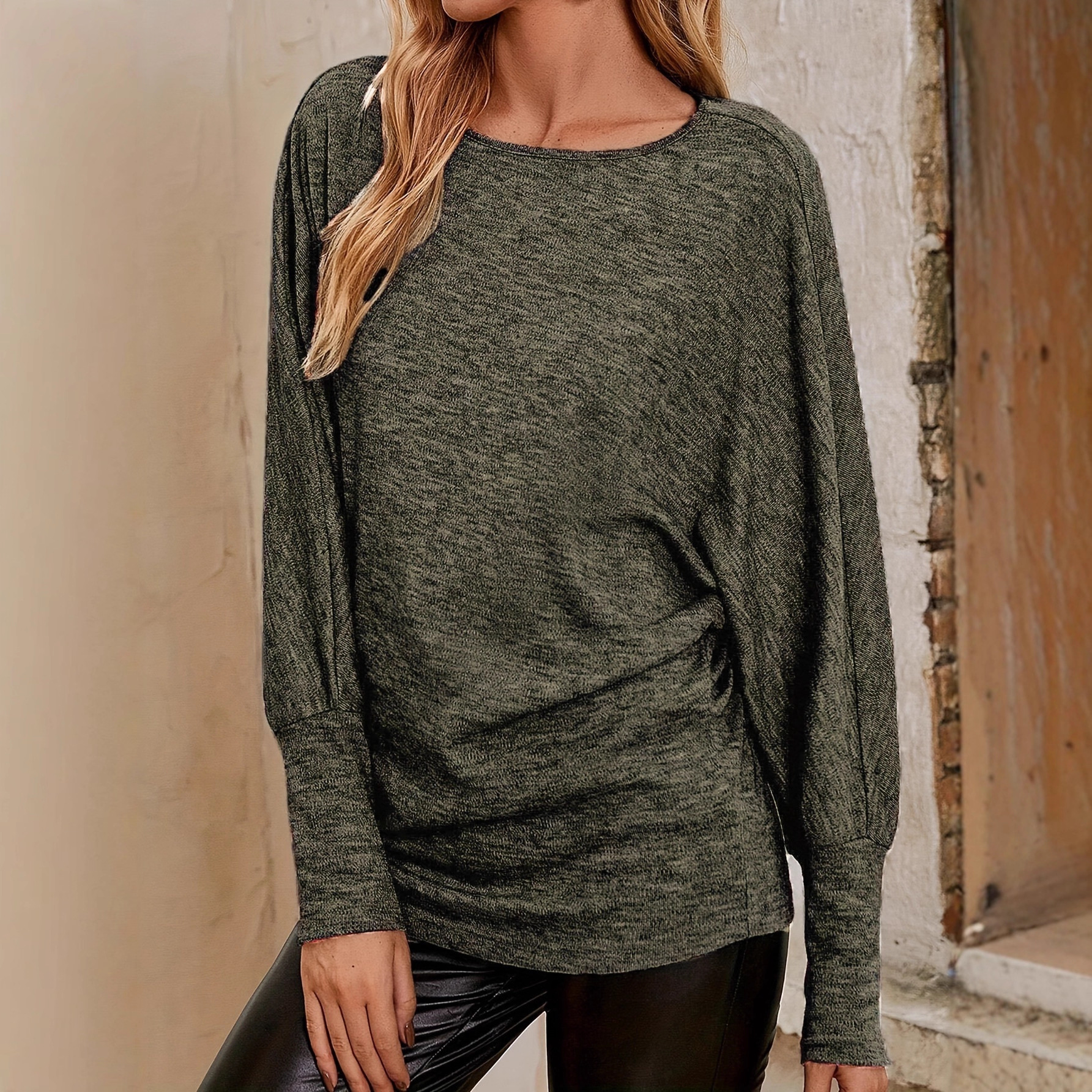 Women's Solid Crewneck Long Sleeve Batwing T-Shirt Casual Loose Fit