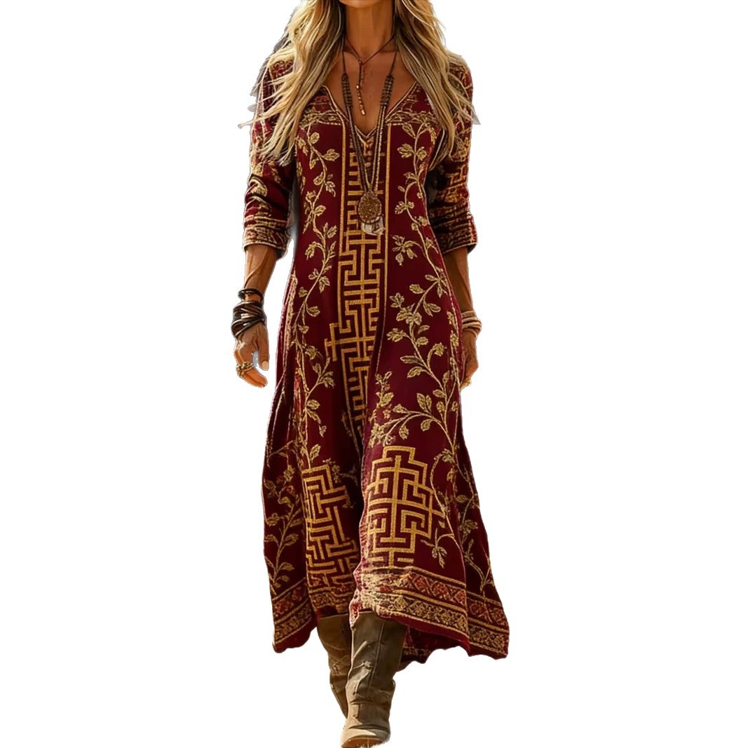 Women's Vintage Tribal Print Pleated Midi Dress