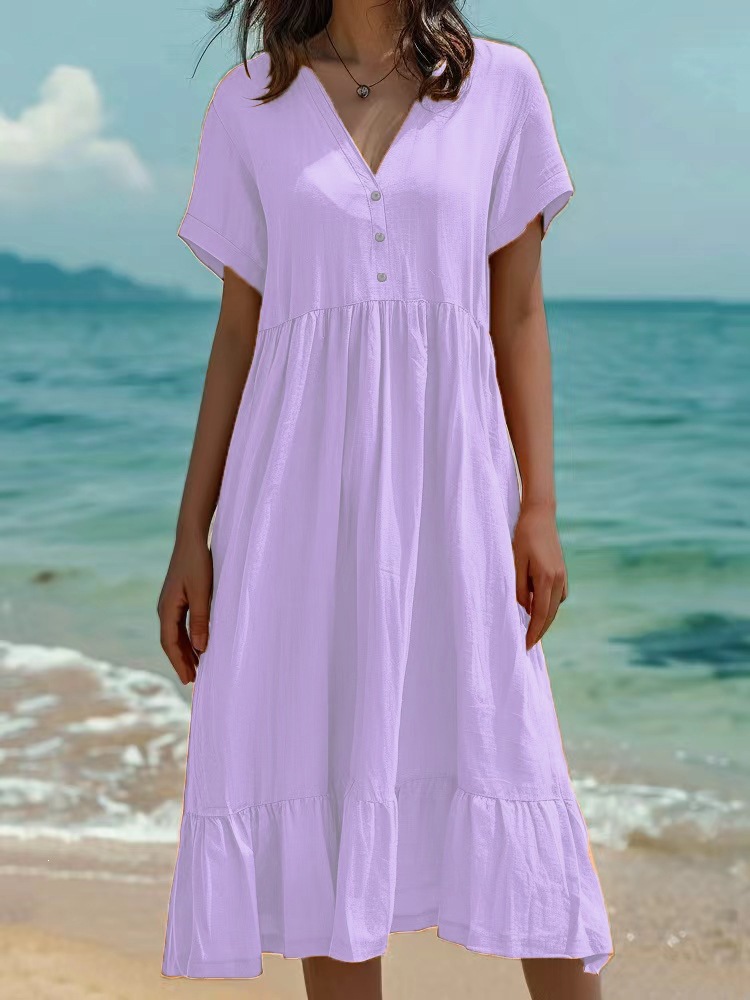 V-Neck Three-Button Short Sleeve High Waist Ruffle Midi Dress