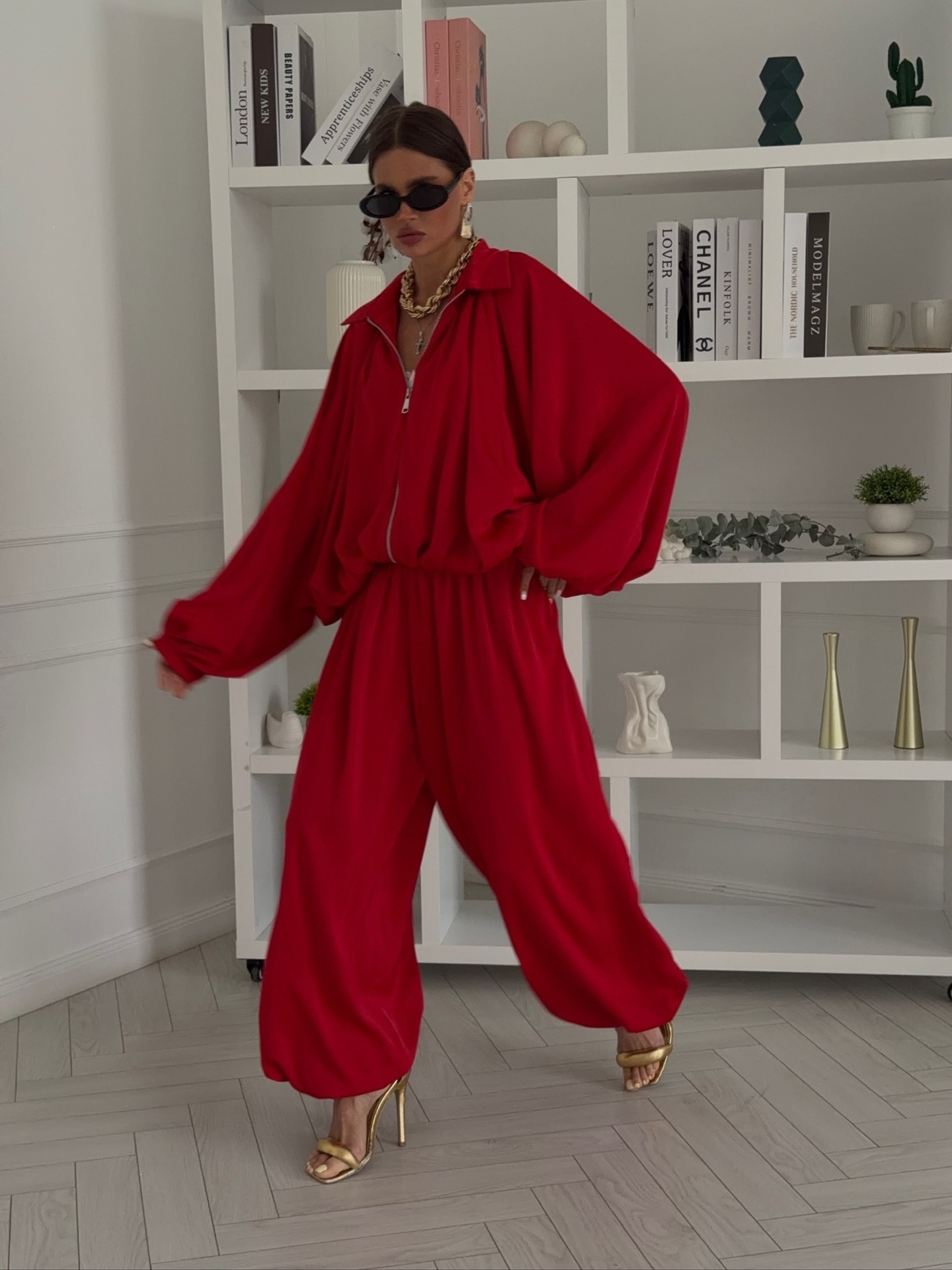 Acetate Satin Two-Piece Set with Collared Zip Top and Drawstring Jogger Pants