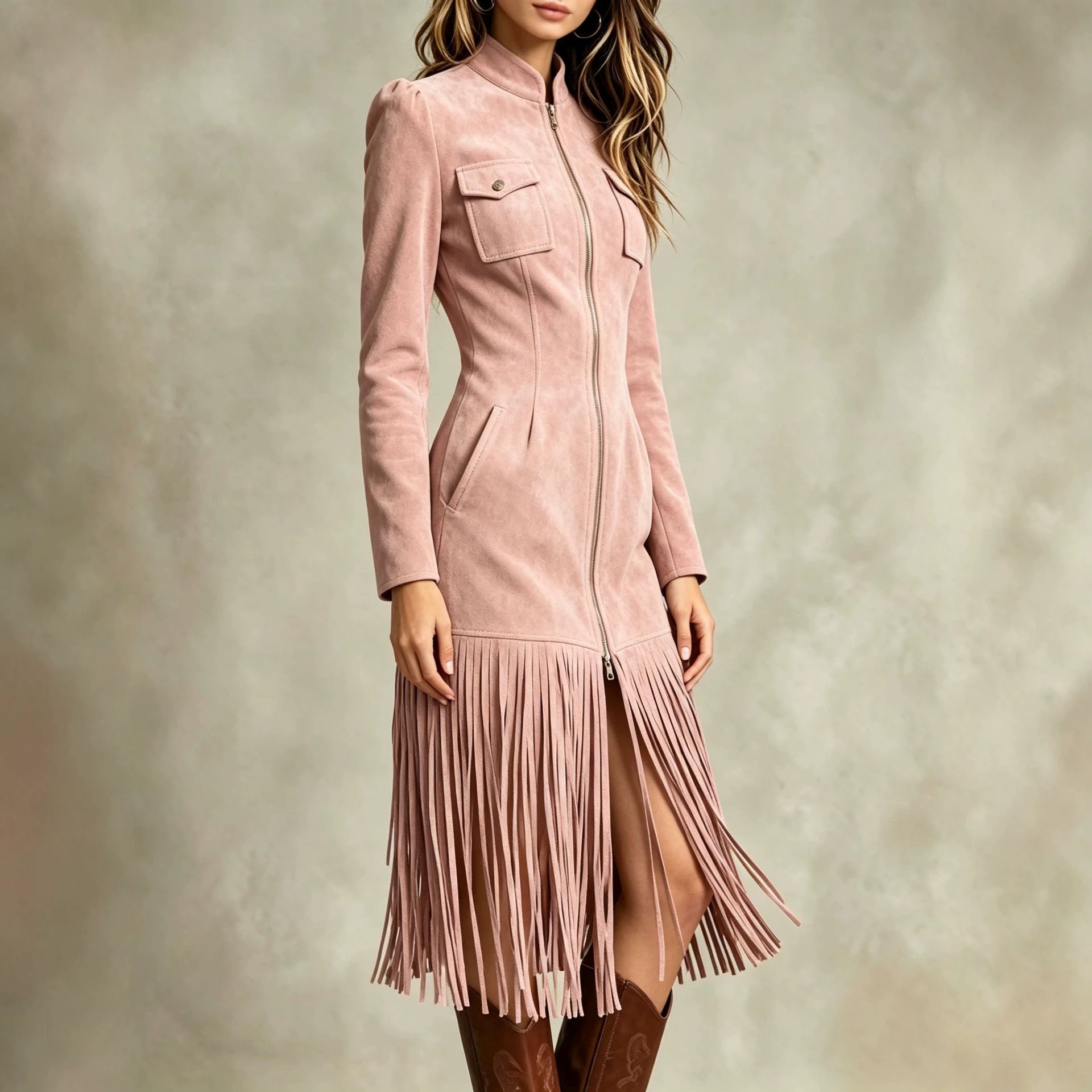 Retro Faux Suede Fringe Dress with Pockets and Zip Hem