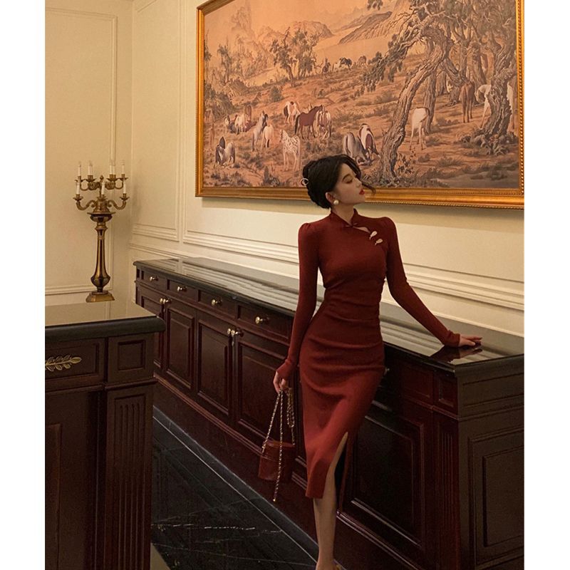 Wine Red New Chinese Style Qipao Dress with Pankou Stand Collar