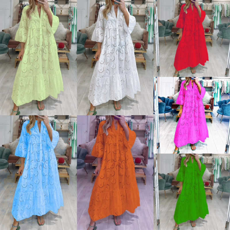 Women's French V-Neck Bell Sleeve Lace Hollow Out Long Dress