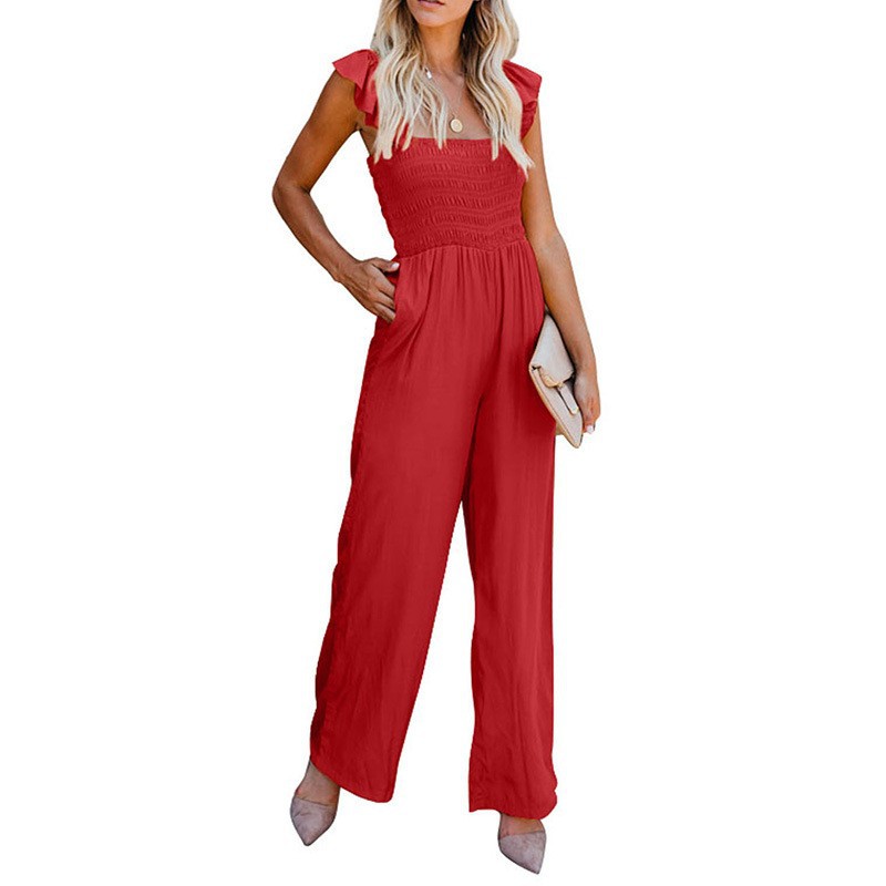 Smocked Sleeveless Wide-Leg Jumpsuit Solid Color High Waist