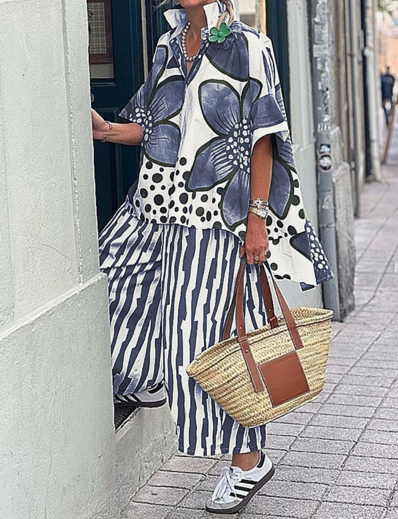 Floral Print Casual Two-Piece Shirt and Pants Set