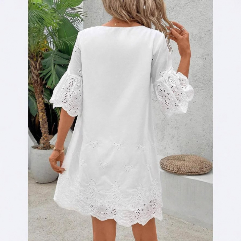Hollow-Out Embroidered Lace V-Neck Half-Sleeve Dress