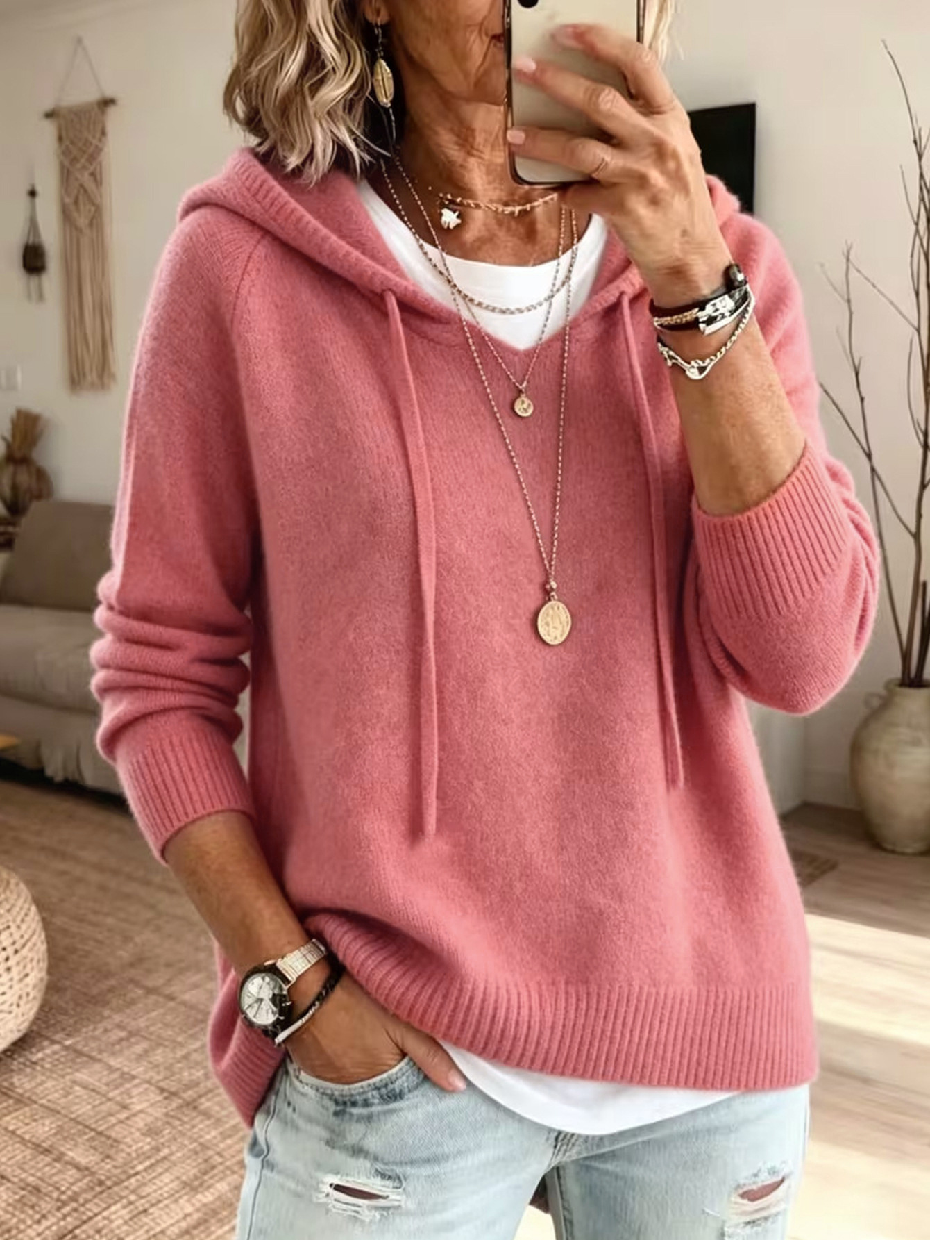 Women's Knit Hooded Drawstring Sweatshirt Loose Fit Pullover