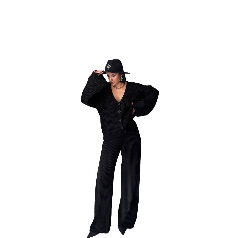 Women's Solid Color Button-Front Cardigan Sweater and Pants Set