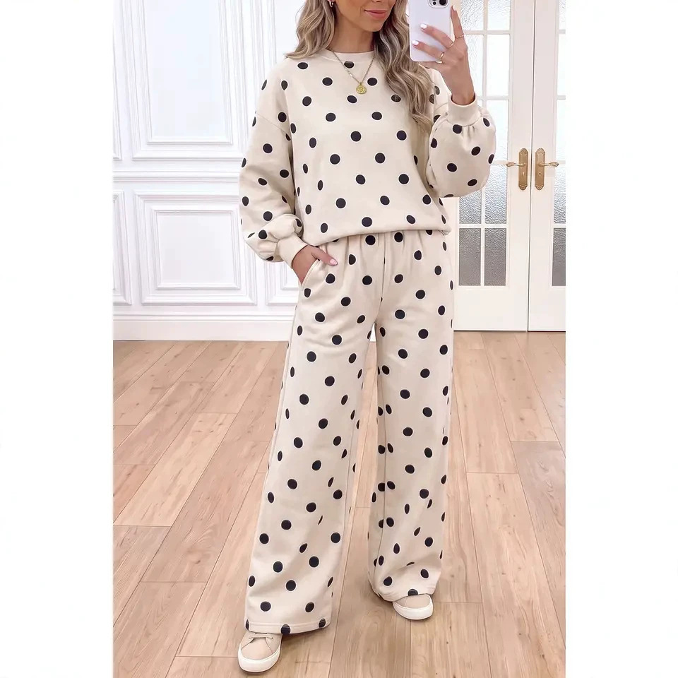 Polka Dot Long Sleeve Top and Wide-Leg Pants Two-Piece Set
