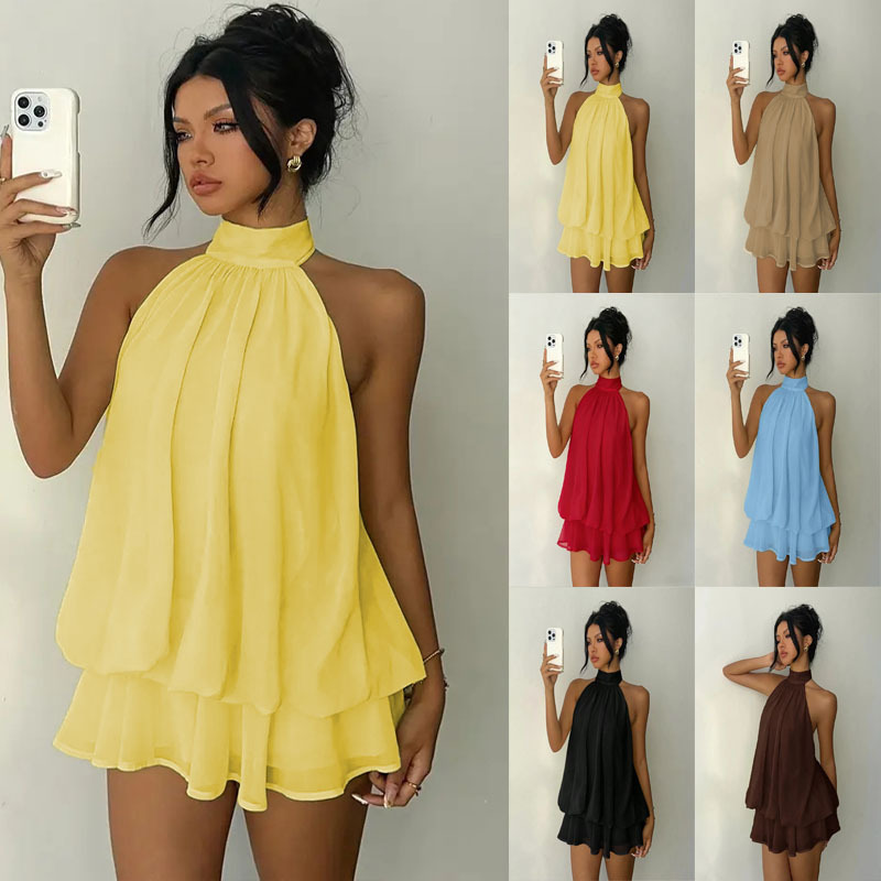Solid Halter Open-Back Fitted Top Puff Mini Dress