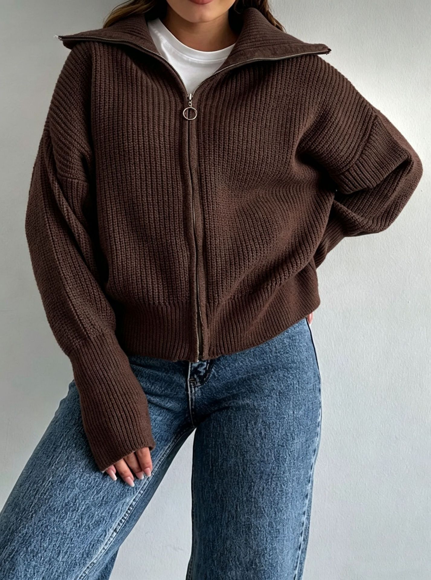 Women's Thick Loose V-Neck Zip-Up Cardigan Sweater Coat Solid Color