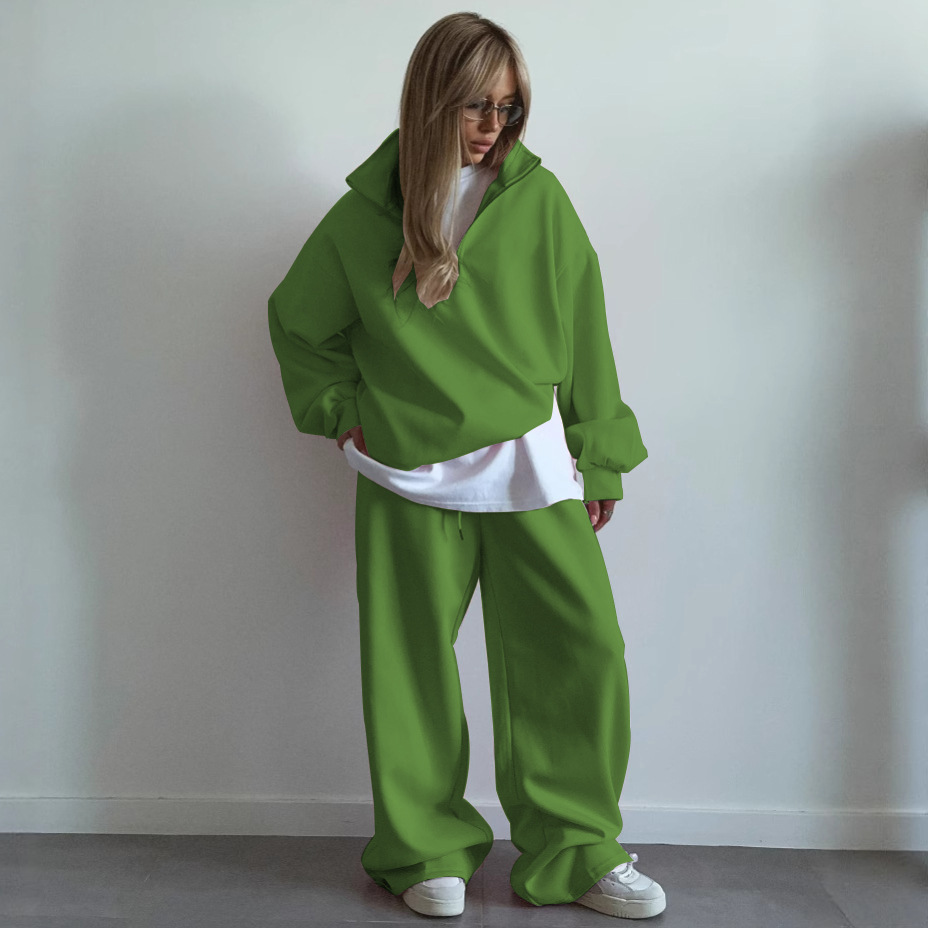 Oversize Half-Open Collar Long-Sleeve Hoodie & Drawstring Sweatpants Set