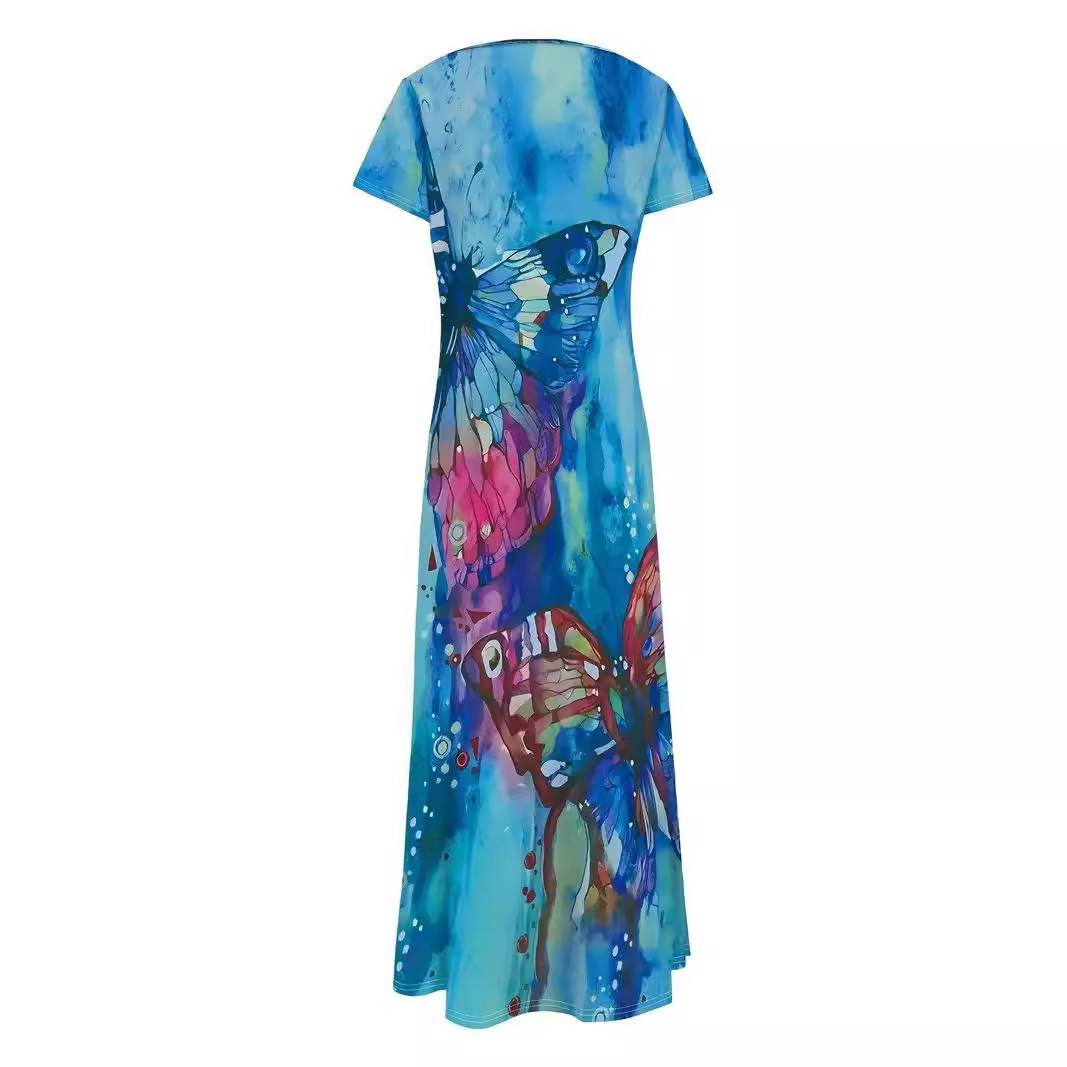 Women's Short Sleeve V-Neck Butterfly Print A-Line Maxi Dress
