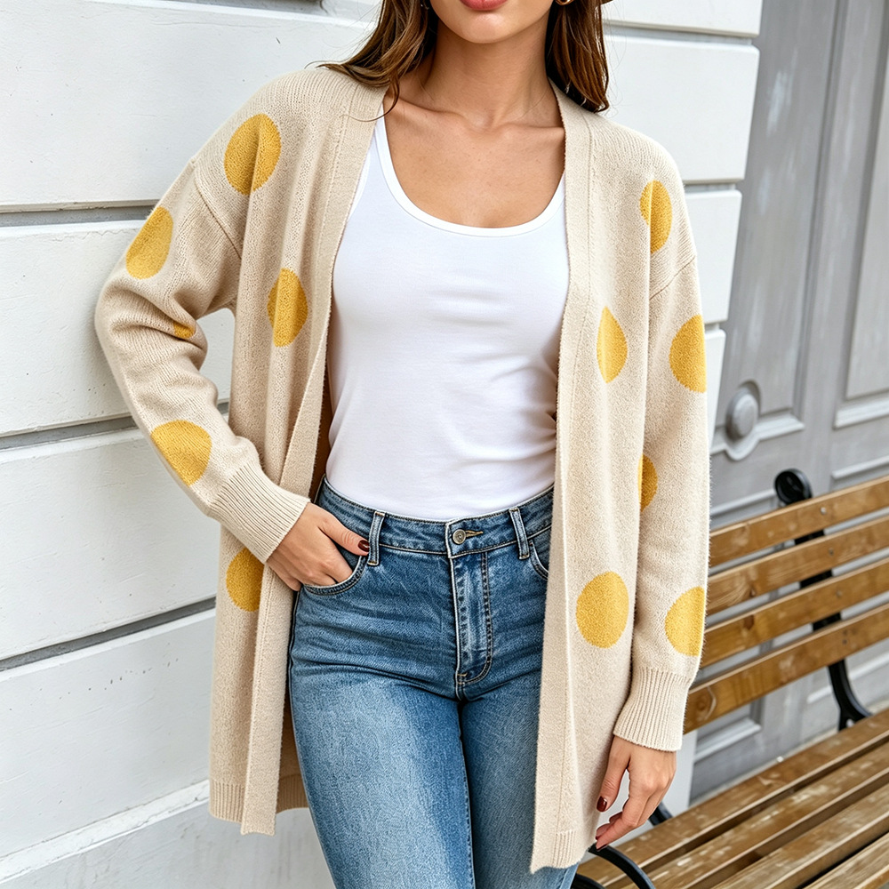Polka Dot Knit Cardigan Long Sleeve Plus Size Women's Open Front Sweater