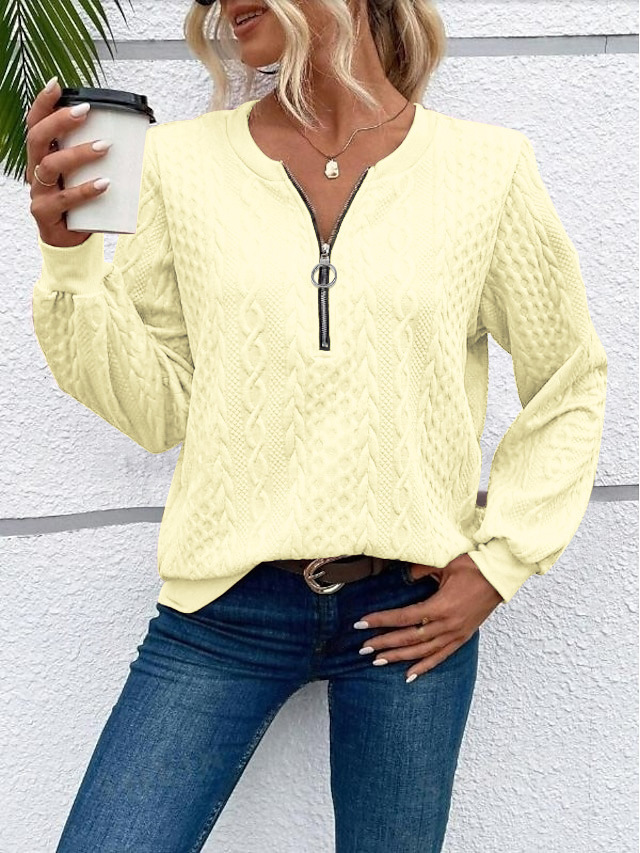 Women's Casual Pullover Sweatshirt with Zip and Crew Neck Long Sleeve