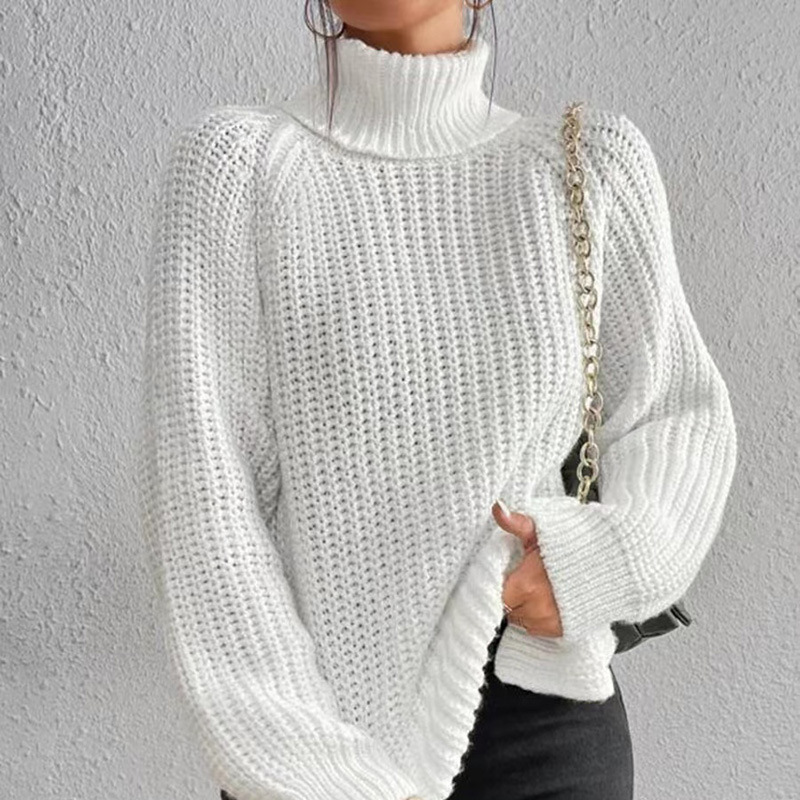 Women's High Neck Midi Knit Sweater with Raglan Sleeves and Side Slit