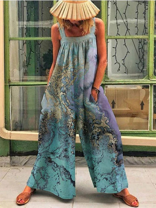 Women's Plus Size Floral Print Wide-Leg Jumpsuit with Straps
