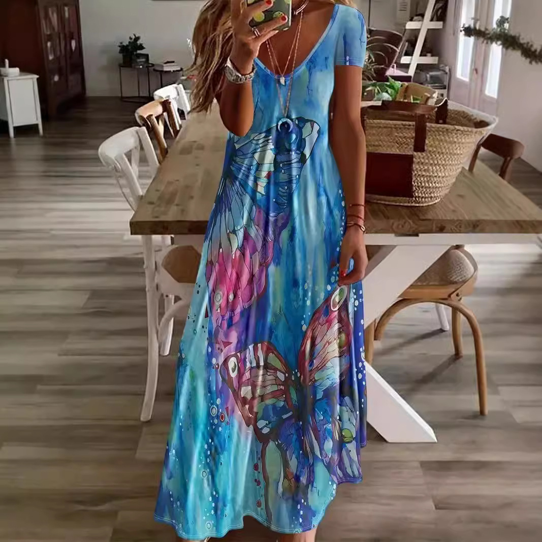 Women's Short Sleeve V-Neck Butterfly Print A-Line Maxi Dress