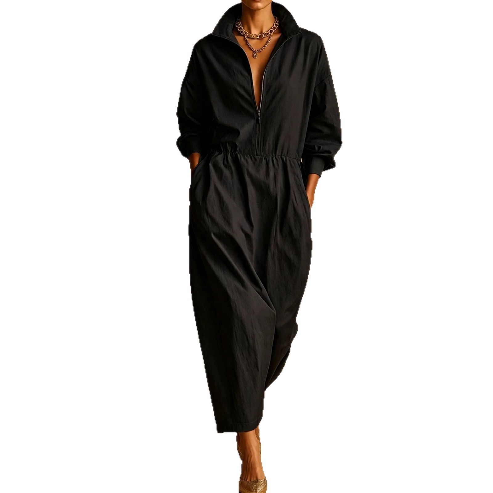 Women's Stand Collar Loose Pocket Midi Dress