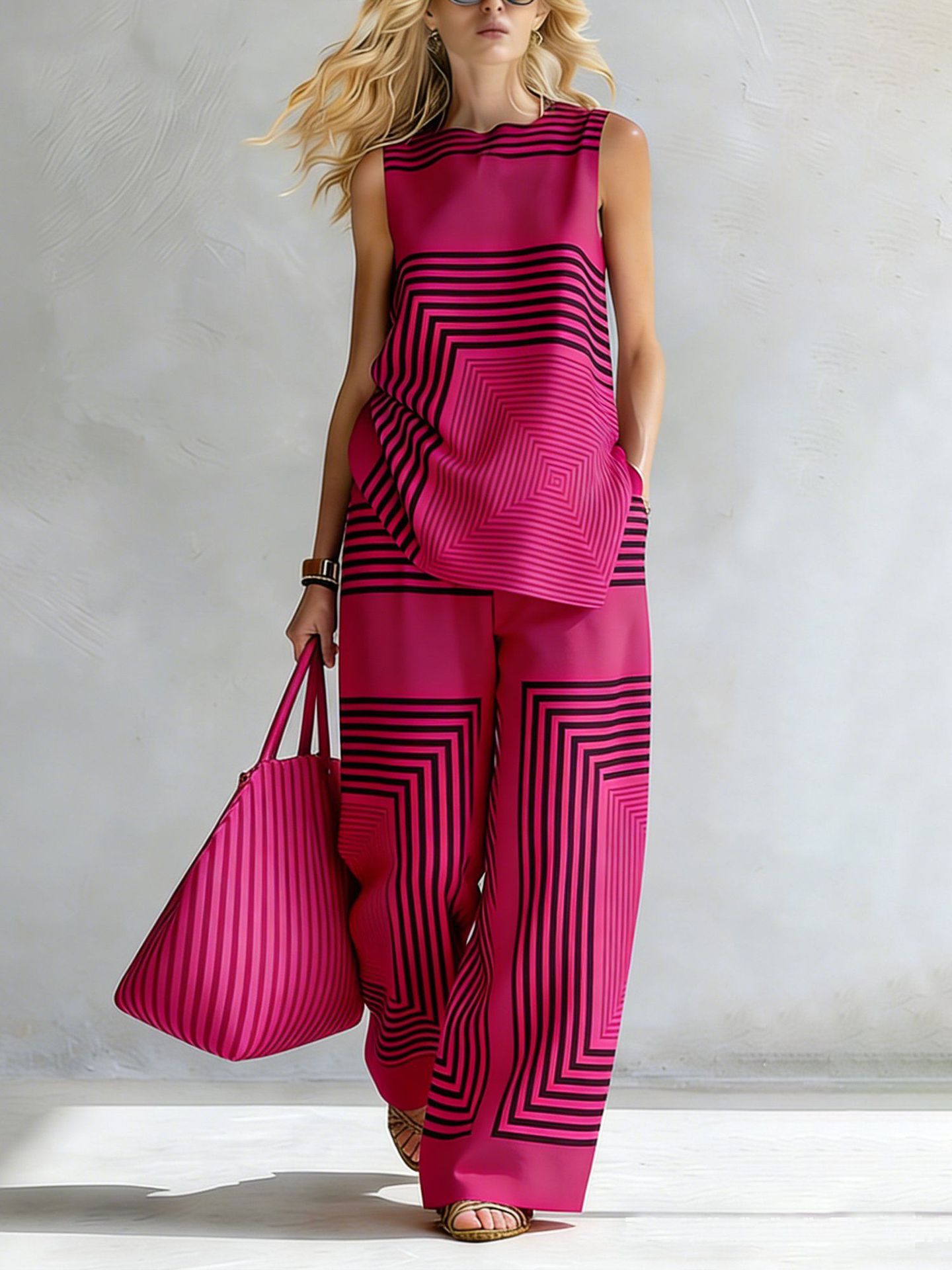 Women's Lightweight Geometric Sleeveless Top and Wide-Leg Pants Set