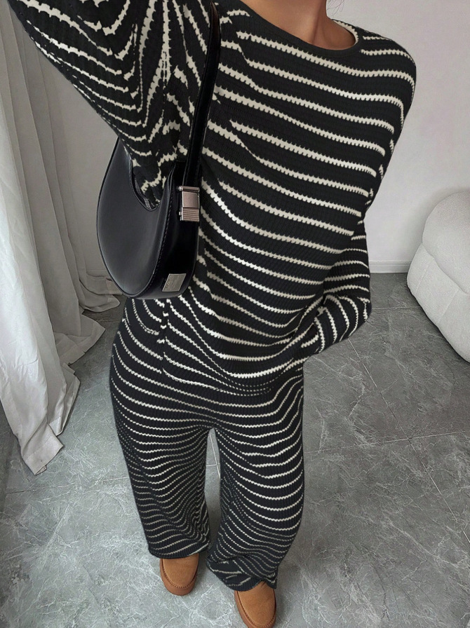 Women's Striped Round Neck Long Sleeve Top and Pants Two-Piece Set