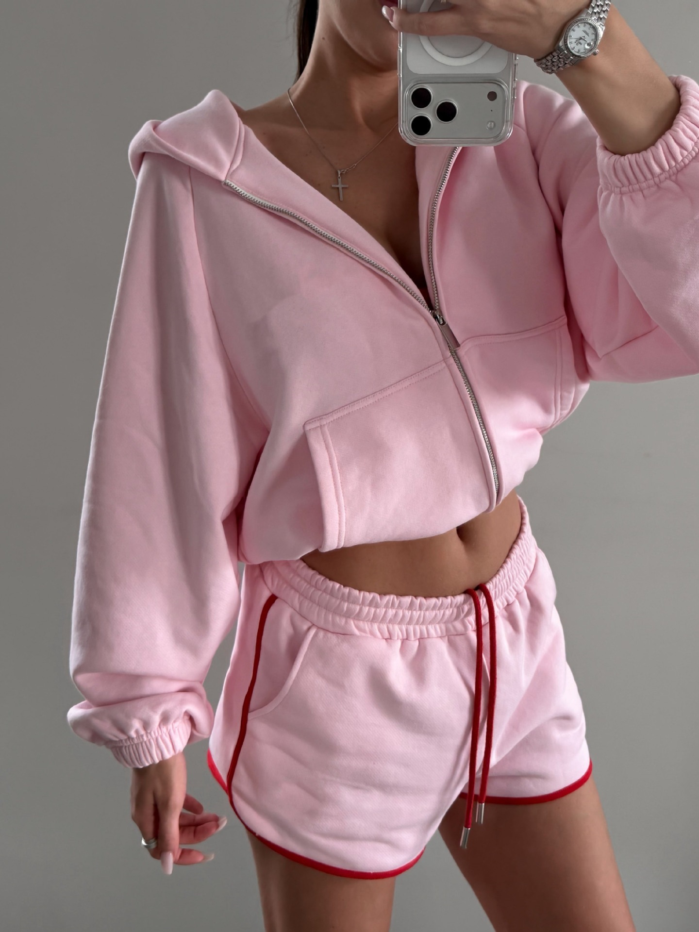Women's Hooded Zip Cropped Hoodie and High-Waisted Shorts Set with Contrast Trim