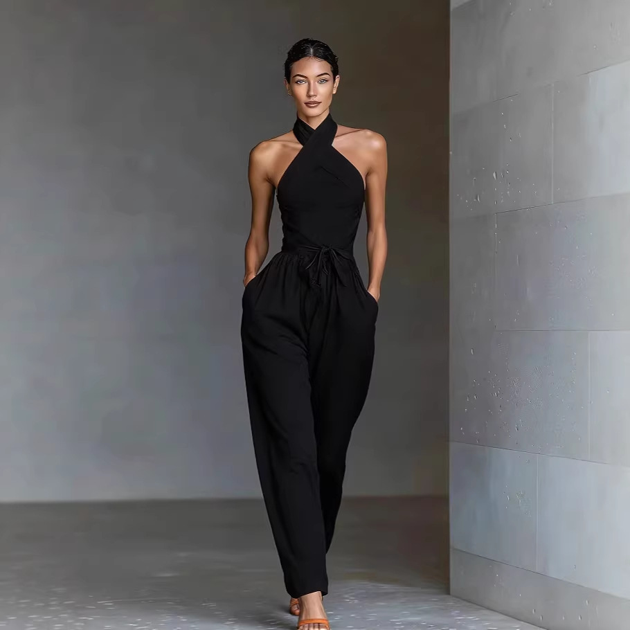 Women's Linen-Blend Cross-Strap Wide-Leg Jumpsuit