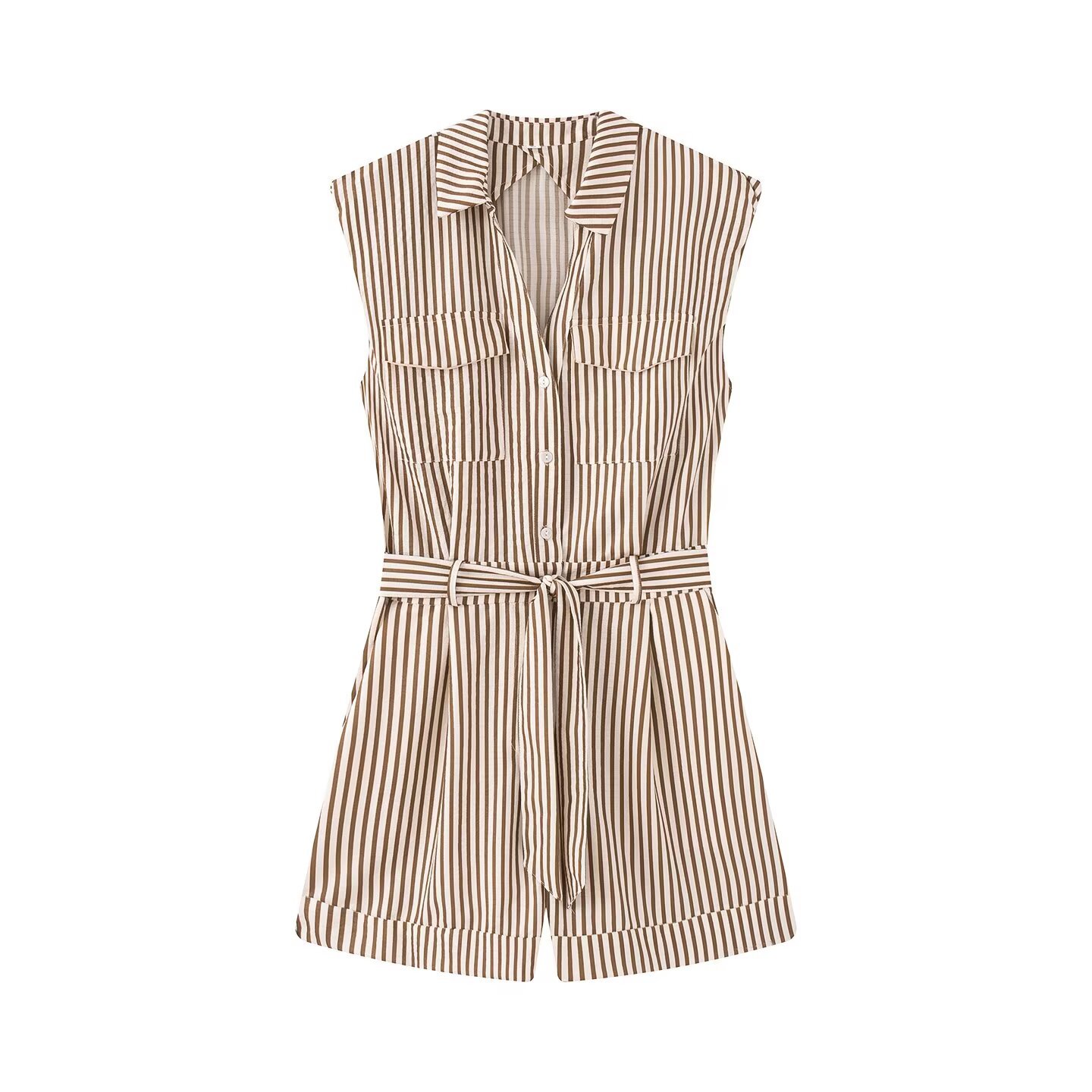 Women's Belted Striped Bubble Shorts Jumpsuit