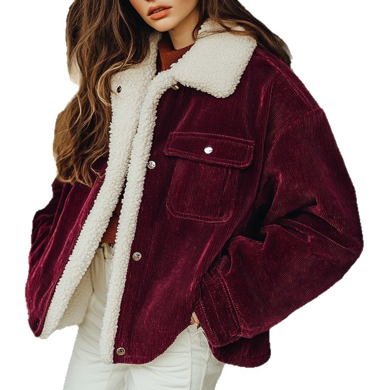 Women's Corduroy Fleece-Lined Button-Front Coat with Lapel Collar