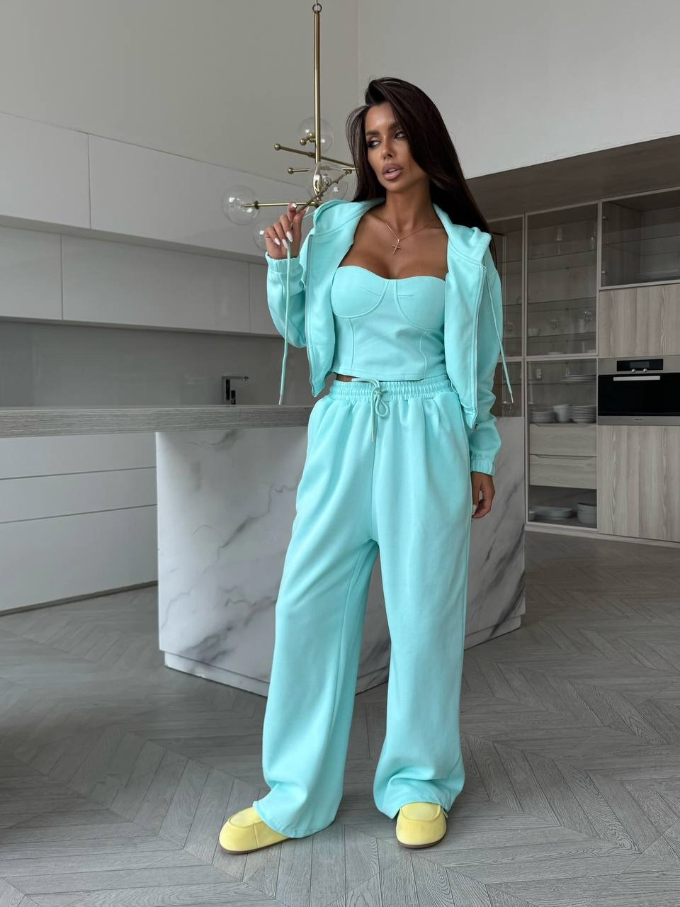 Women's Solid Color Hooded Zip Cardigan Sweatshirt and Wide-Leg Pants Two-Piece Set
