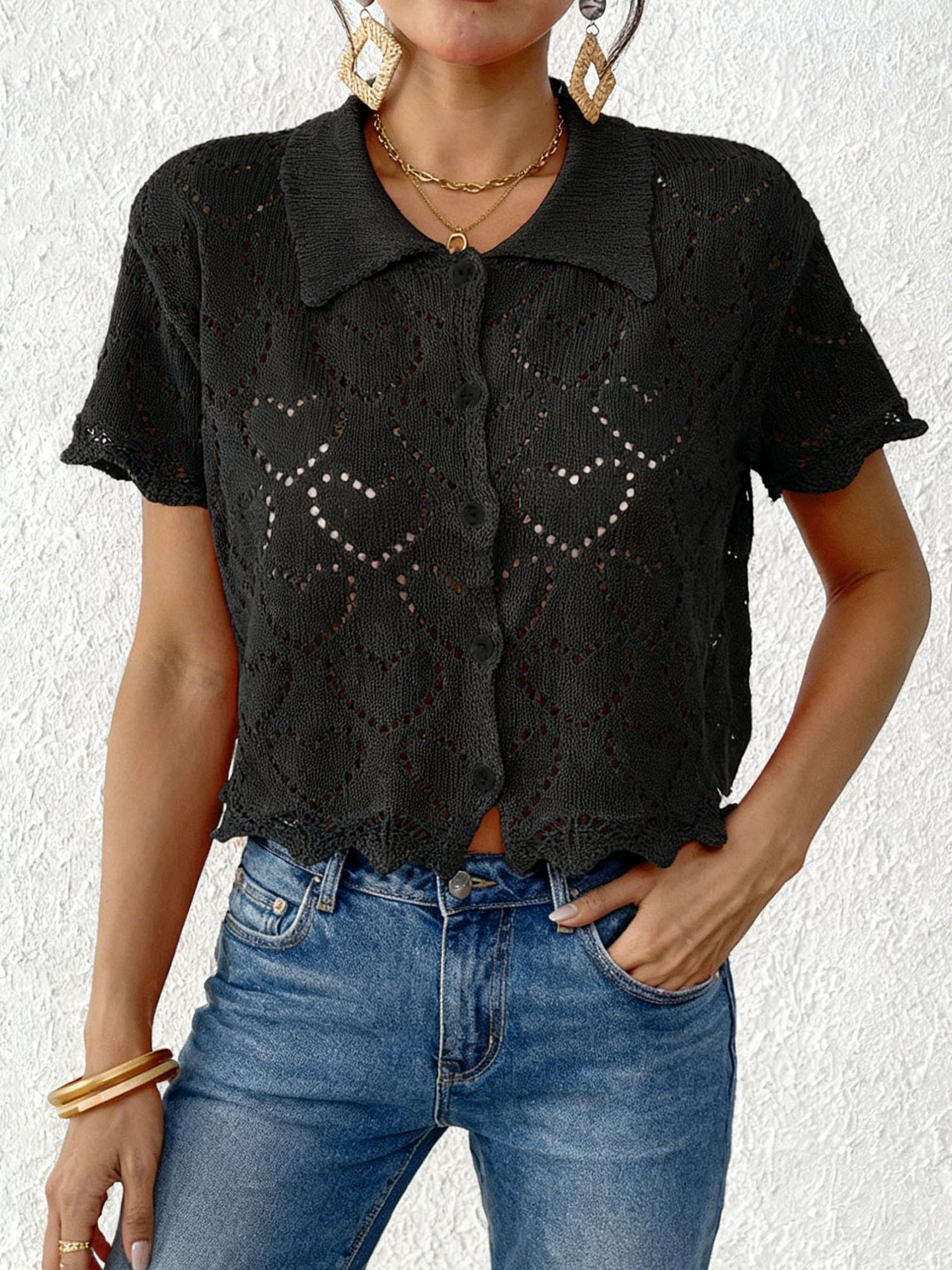 Women's Open Front Cardigan Heart Jacquard Knit Polo Top