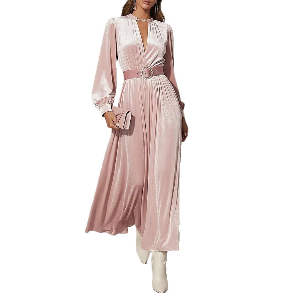 Solid V-Neck Gold Velvet Long Sleeve Dress with Waist Belt