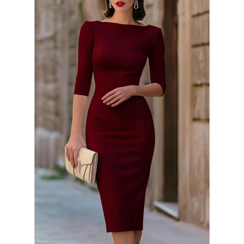 Women's Slim Fit Sheath Dress Mid-Sleeve Boat Neck Office Cocktail Dress