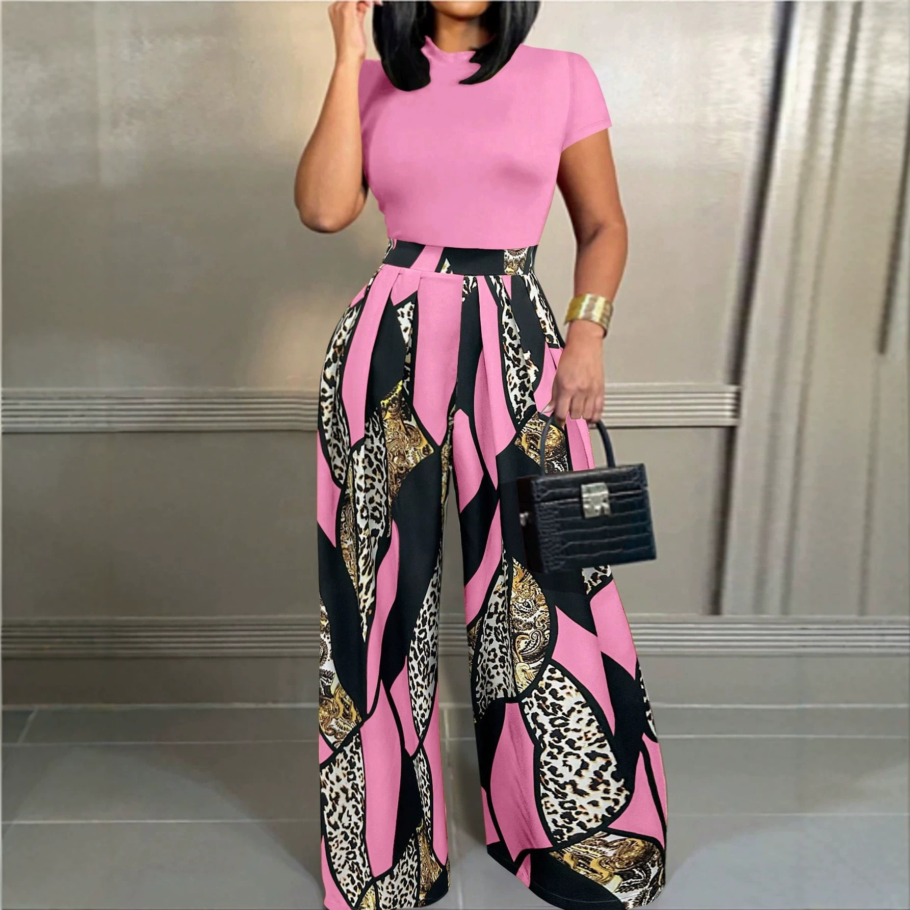 Women's Sleeveless Printed Wide-Leg Pants Set Commuter Two-Piece Outfit