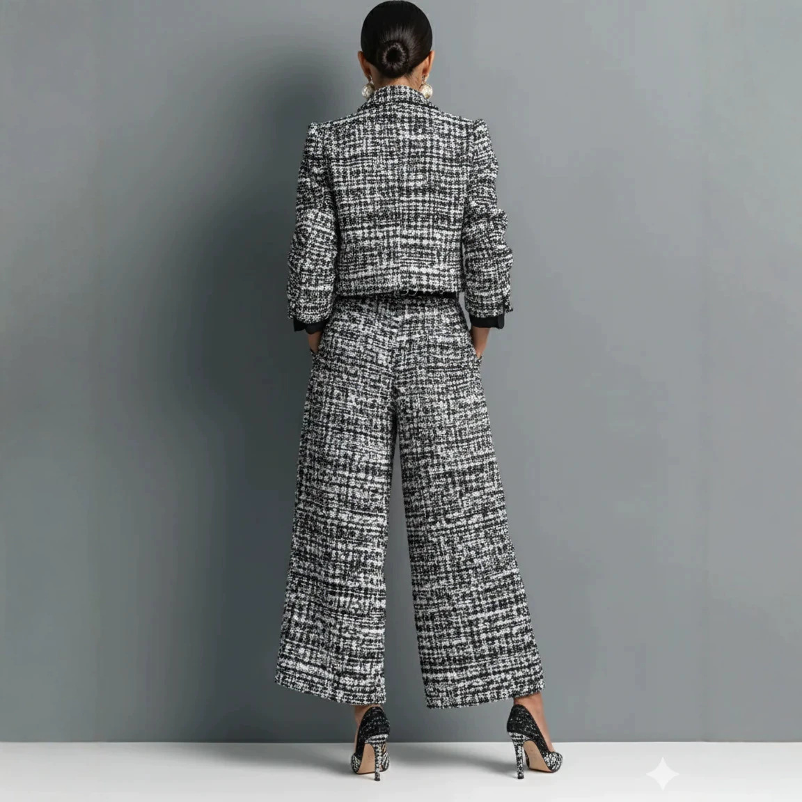 Women's Collared Slim-Fit Long-Sleeve Cropped Jacket and Wide-Leg Pants Set