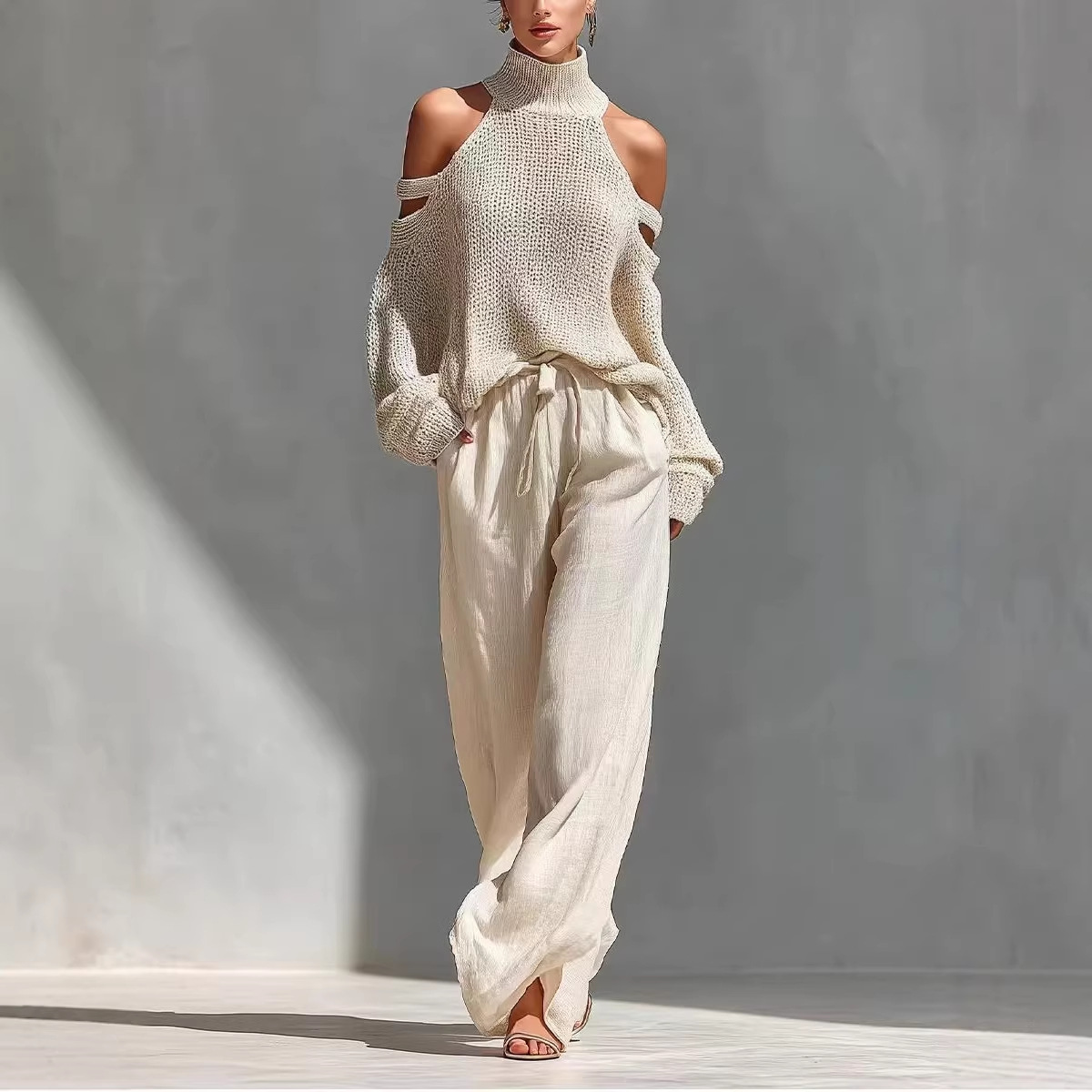 Women's Solid Color Long Sleeve High Neck Top and Pants Two-Piece Set