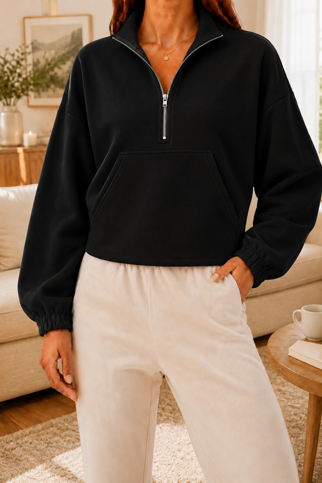 Women's Half-Zip Collared Cropped Hoodie with Kangaroo Pocket
