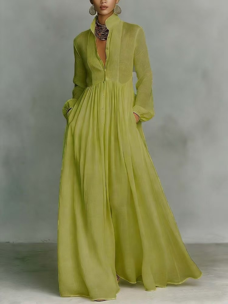 Women's Pleated Long Sleeve A-Line Maxi Dress
