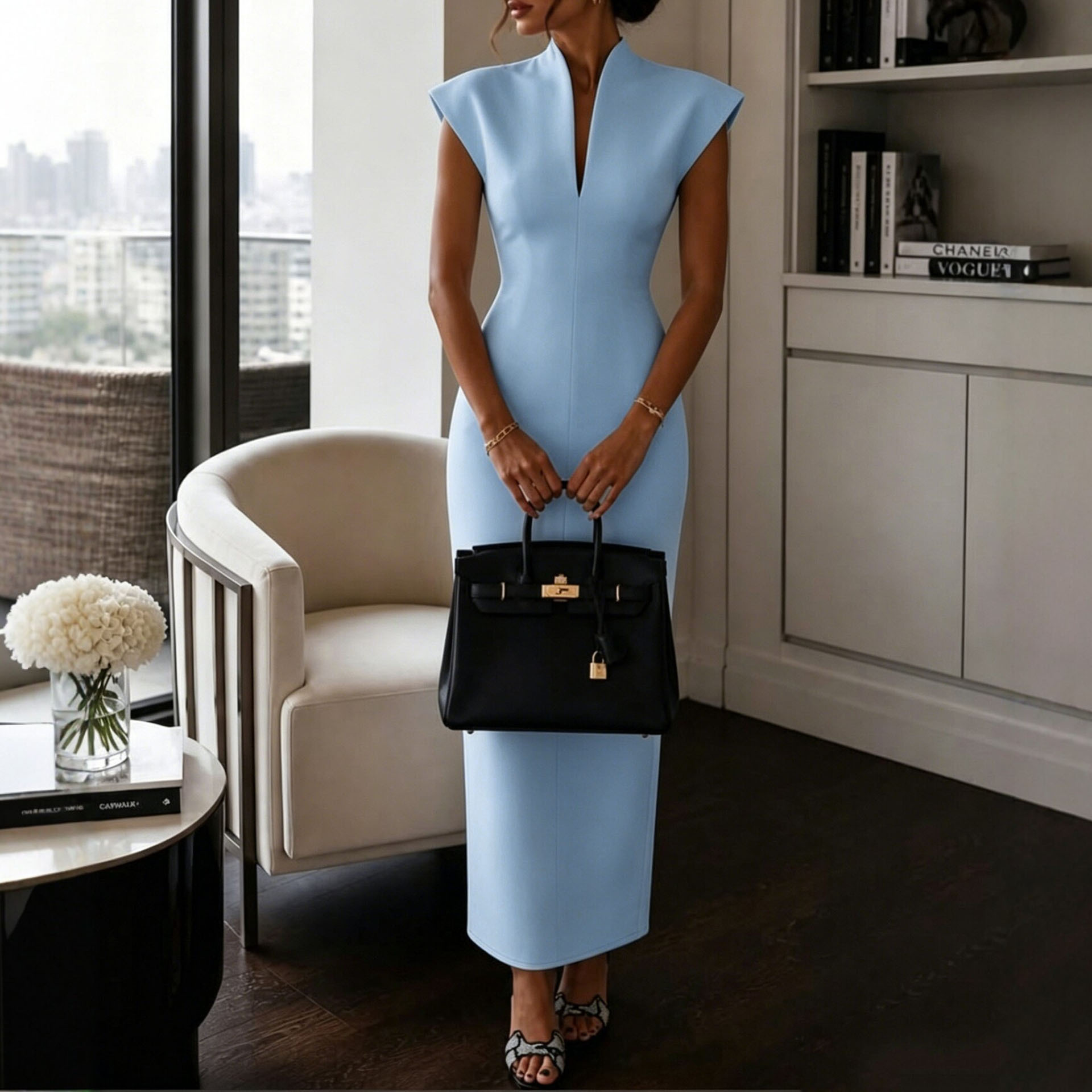 Women's Sleeveless Bodycon Dress with Stand Collar High Waist