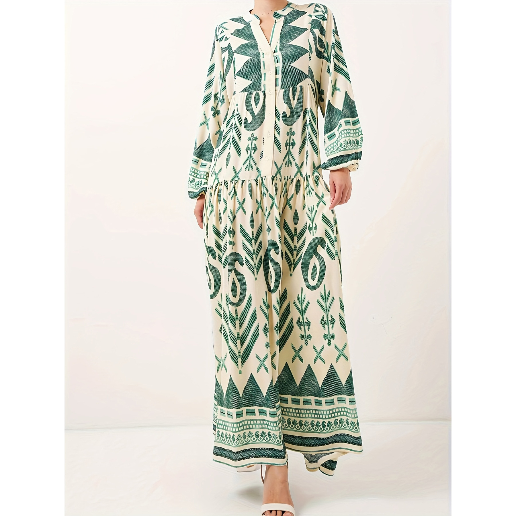 Women's Digital Print Long Sleeve V-Neck Maxi Dress
