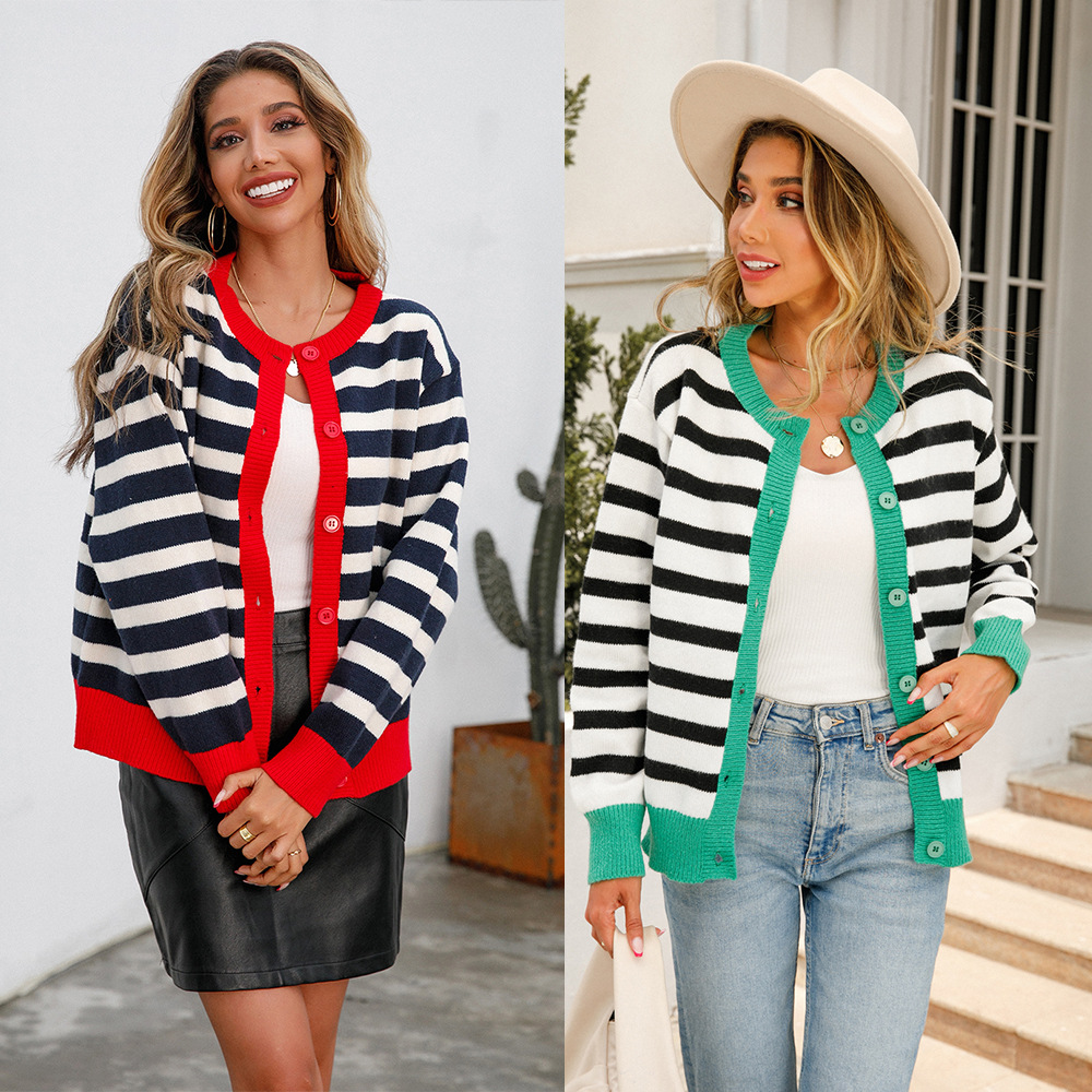 Women's Plus Size Striped Color Block Button Cardigan Knit Sweater